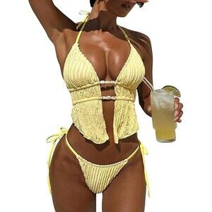 ZAFUL Halter Swimsuits for Women Textured Backless 2 Piece Bathing Suits Cheeky